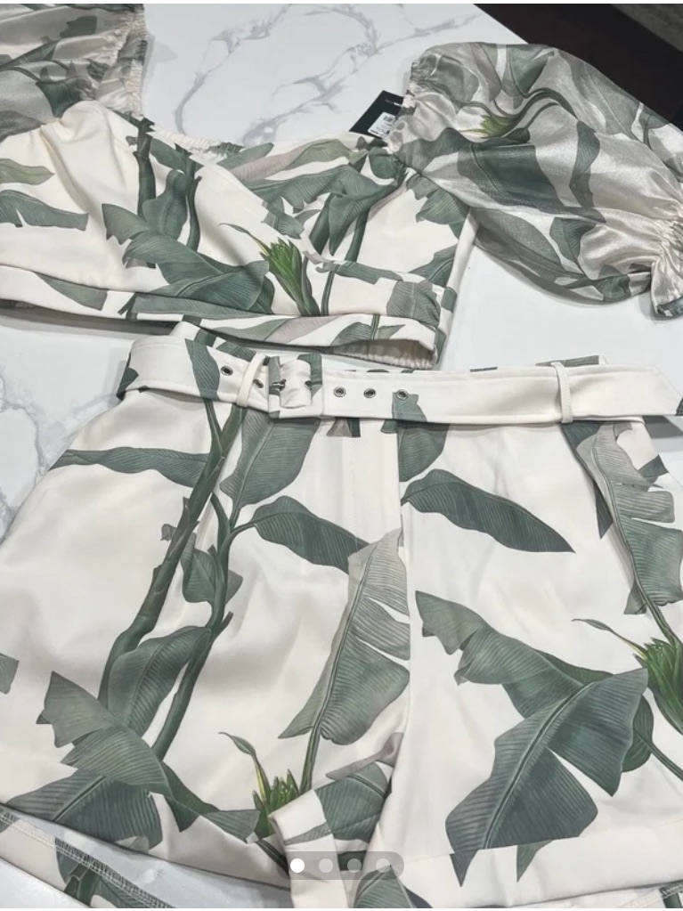 Fashion Nova White Tropical Leaf High-Waist Shorts With Belt